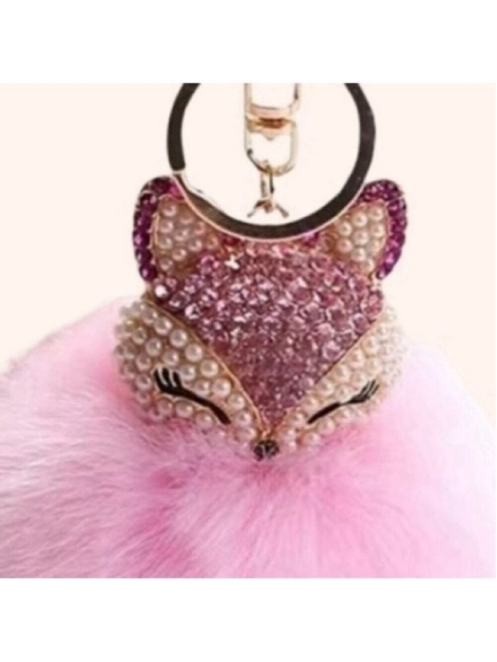 NEW Fluffy Fox Bag Charm Keychain Pom Pom Light Pink Pearl Rhinestone NWT - Picture 4 of 5